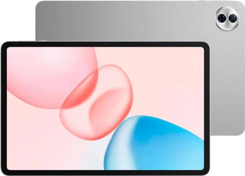 A silver tablet is shown from the front and back, with the screen displaying abstract colorful shapes.