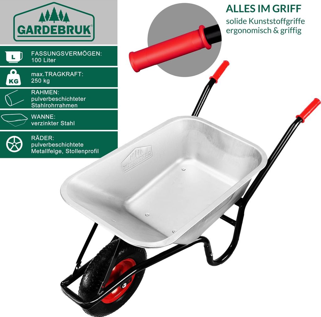 GARDEBRUK® Schubkarre 100 Liter bis 250kg Luftreifen mit Produktbild 12