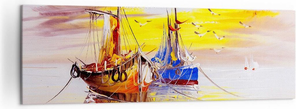 Bild auf Leinwand - Leinwandbild - Boote Sonne Meer Reisen - 160x50cm - Wand Bild - Wanddeko - Leinwanddruck - Bilder - Kunstdruck - Wanddekoration...