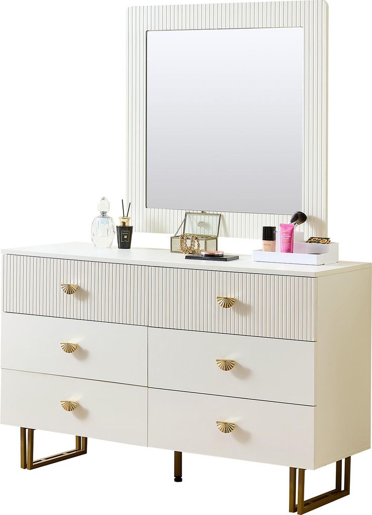 AIORBER Modernes Sideboard- und Spiegel-Set mit 6-Schubladen-Kommode und Wandspiegel 80x80 cm, Stauraum für Flur Schlafzimmer Wohnzimmer, Weiß