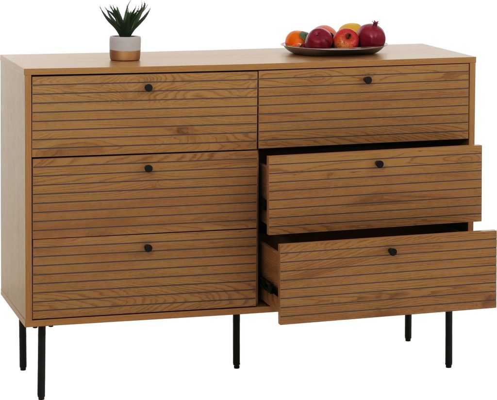 Kommode HWC-N78, Sideboard Schrank, 6 Schubladen, skandinavischer Stil Metall Holz Melamin MVG 85x120x40cm natur