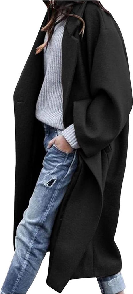 Damen Lang Winterjacke Zweireihig Windbreaker Mantel Elegant Einfarbig Wolljacke Umlegekragen Langarm Wintermantel Wollmantel Übergangsjacke Busin...