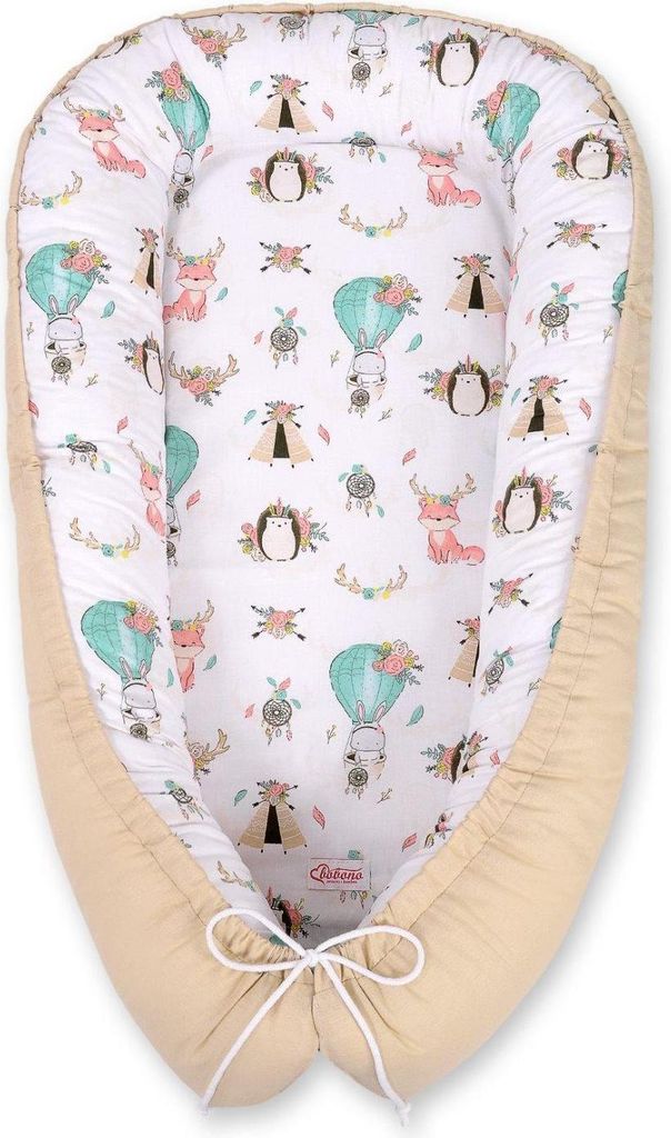 Babynest, Cocon, sicherer und gerechter Komfort – Bobono – doppelseitig – Füchse Beige/Beige