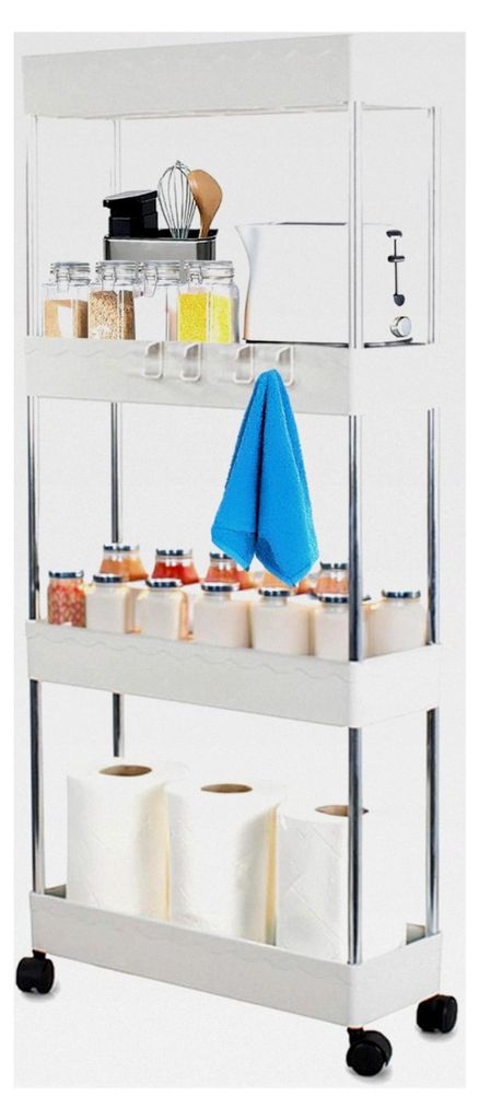 Badezimmer- und Küchenregal mit Rollen – Kompakter 4-stufiger Organizer für Kosmetik, Gewürze und Zubehör – Mobiler Stauraum auf Rädern