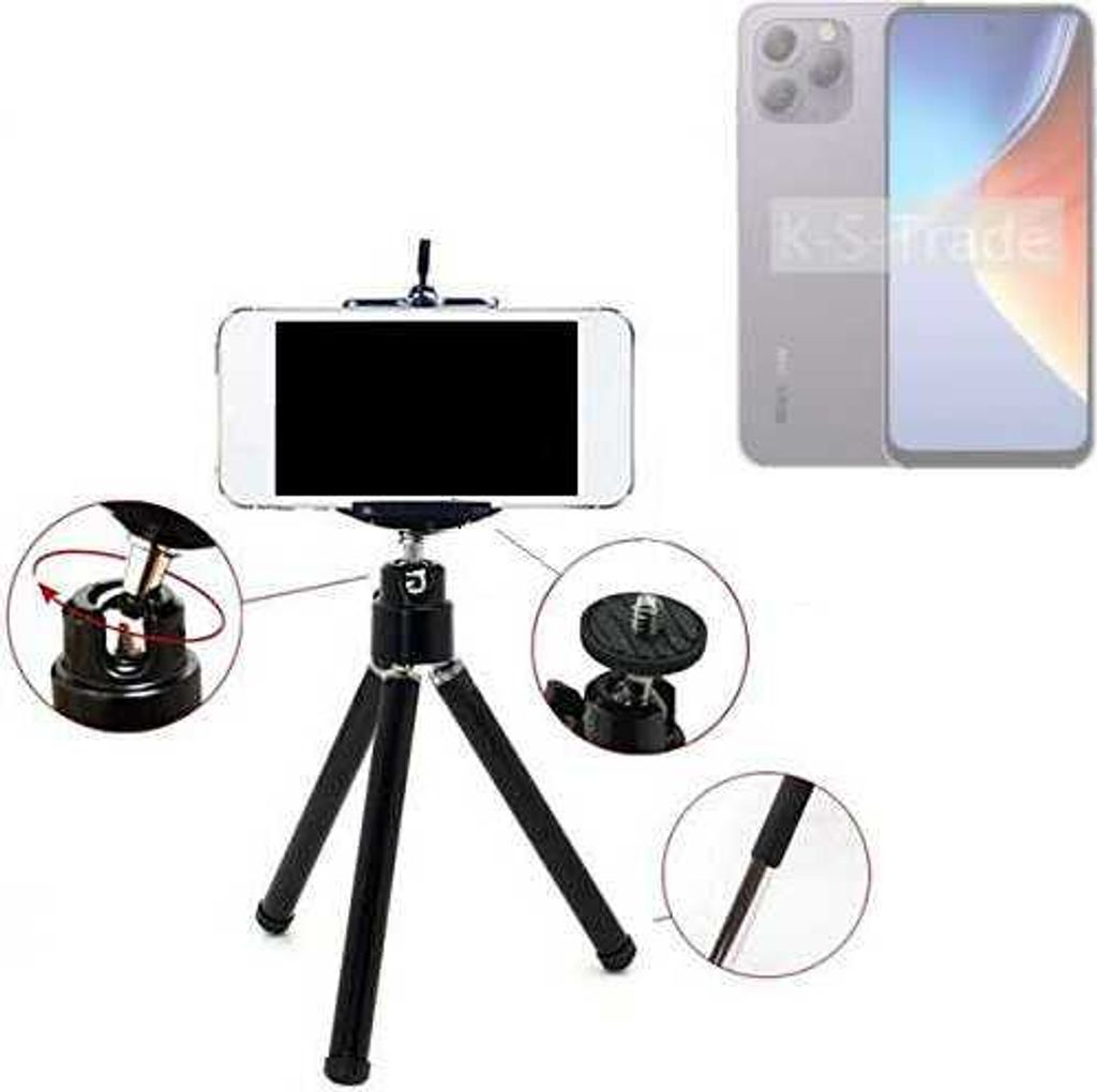K-S-Trade Smartphone Stativ Dreibein kompatibel mit Blackview A96 Tripod aus Aluminium Klemmstativ Stativ Adapter für Mobiltelefone schwarz 1x