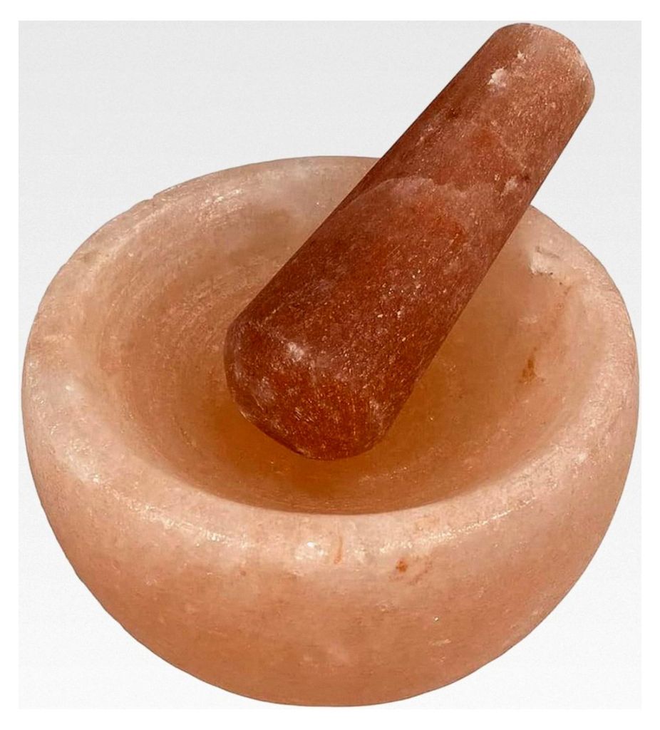 Mörser und Stößel aus rosa Steinsalz aus der Salt Range in Pakistan