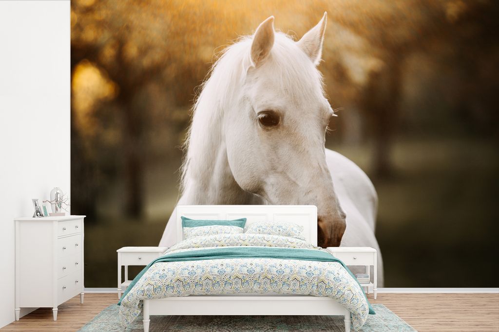 MuchoWow Fototapete für Wohnzimmer oder Schlafzimmer Wandtapete Vinyl Motivtapete Pferd - Sonne - Herbst - Tiere - Natur - 450x300 cm - Kinderta...