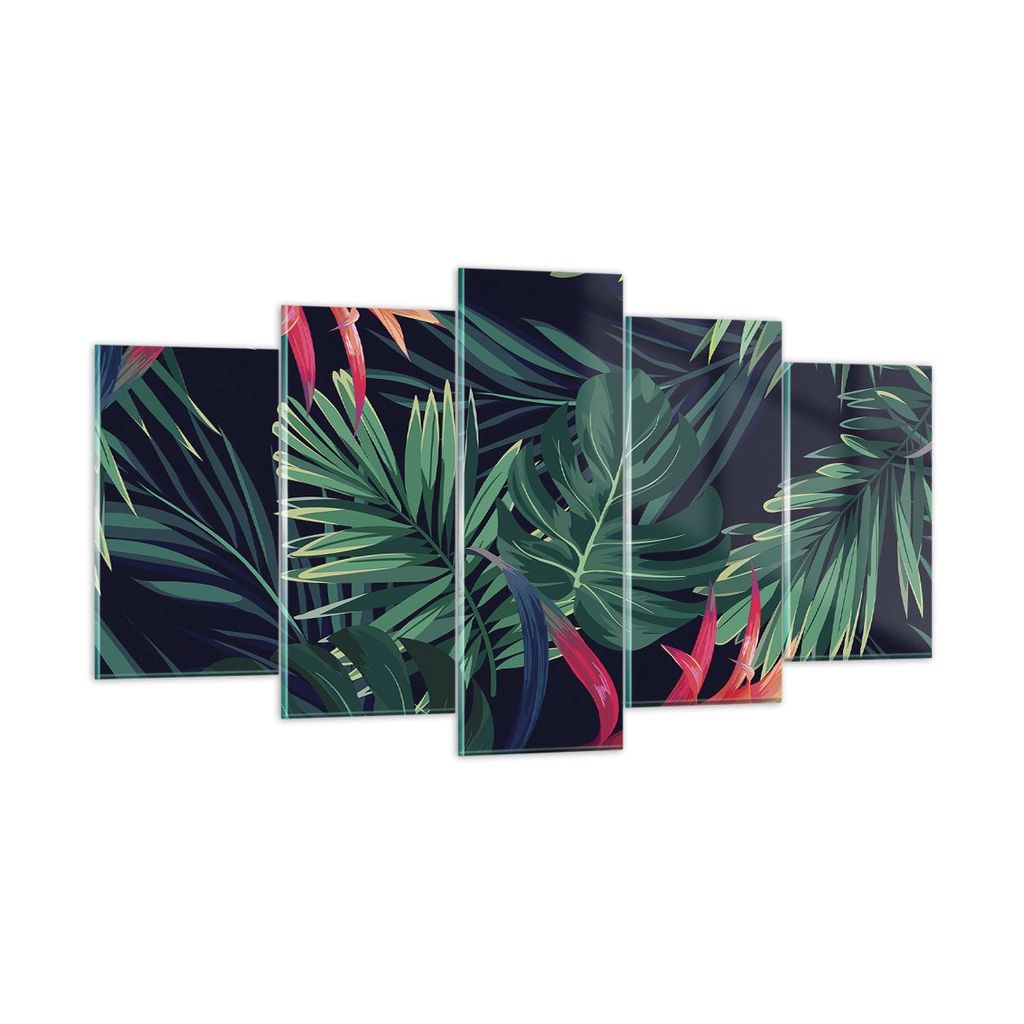 Bilder auf glas - 5 Teile - Exotisch Blumen Blätter - 160x85cm - Glasbilder - Wandbilder - Bilder - zum Aufhängen bereit - Wanddekoration aus Gla...
