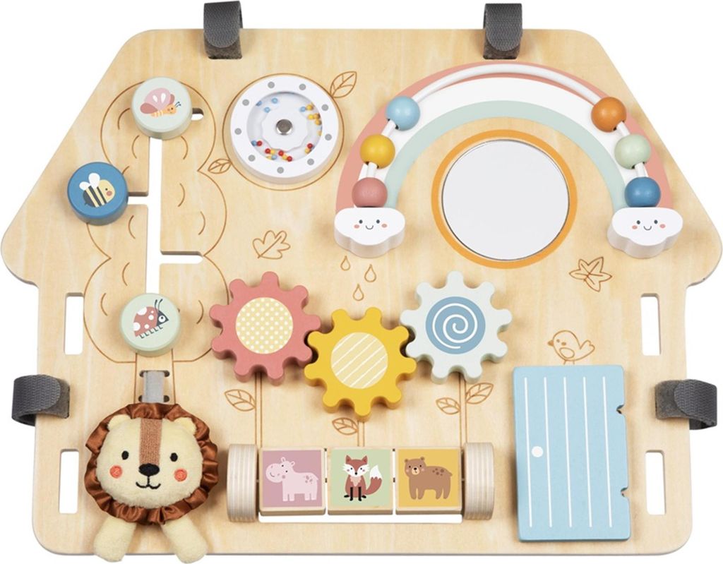 A wooden activity board shaped like a house, featuring various interactive elements for children.