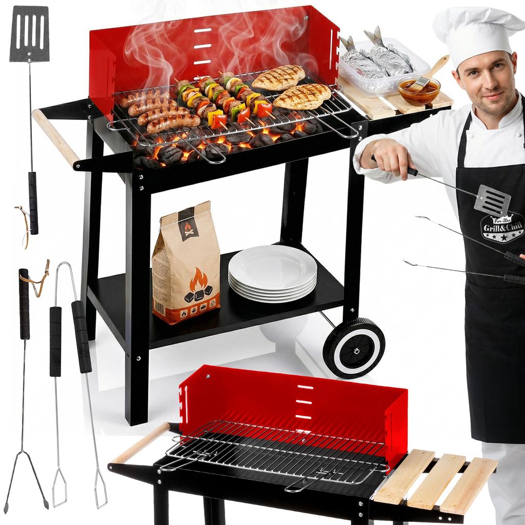 Holzkohlegrill mit Rädern und Ablagen – Grillwagen 50×26,5 cm mit Zubehör für Garten und Terrasse