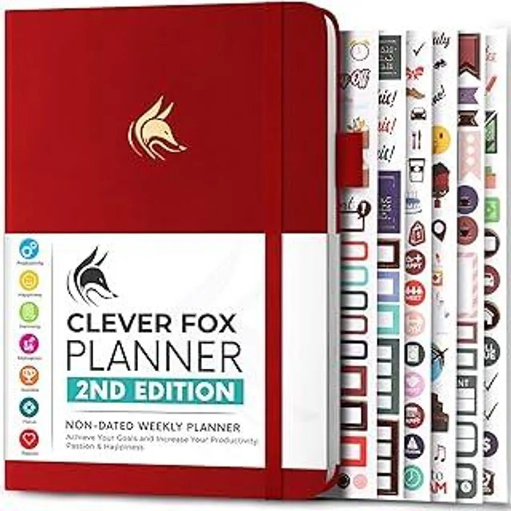 Clever Fox Planner 2a edizione - Agenda colorata per obiettivi settimanali e mensili, gestione del tempo e produttività, diario della gratitudine, senza date, formato A5, sufficiente per 1 anno - Rosso