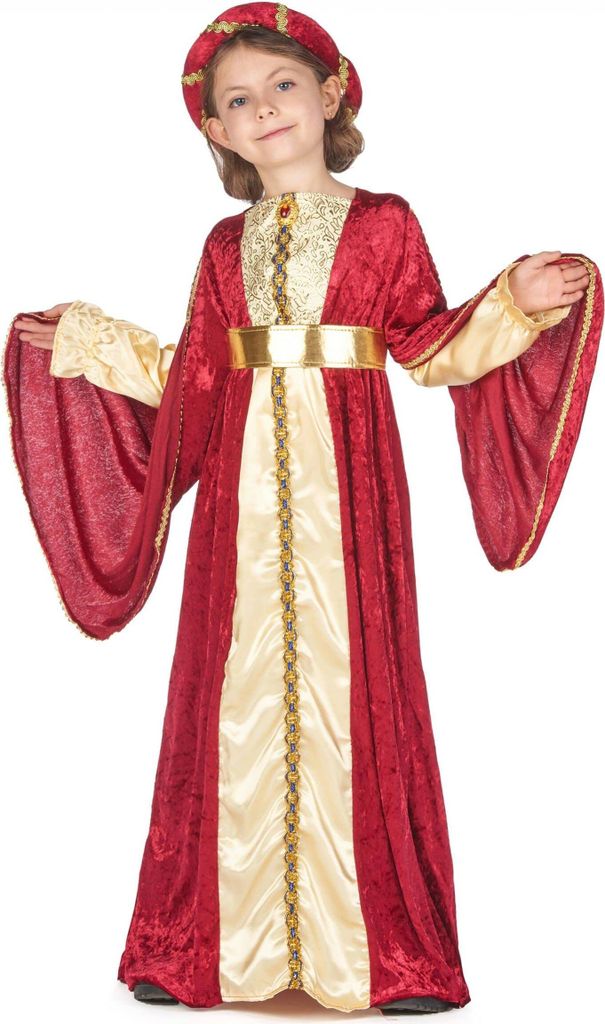 Costume da regina bambina medievale rosso-crema-oro - Immagine del prodotto 