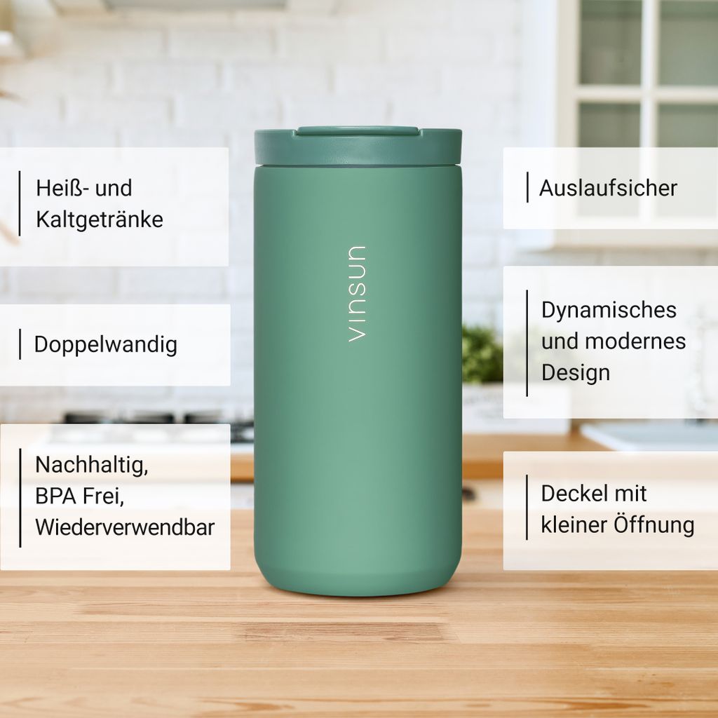 TAVIALO Thermobecher 380 Ml – Isolierbecher Aus Edelstahl, BPA-frei, 12 H Heiß / 24 H Kalt (Grau)