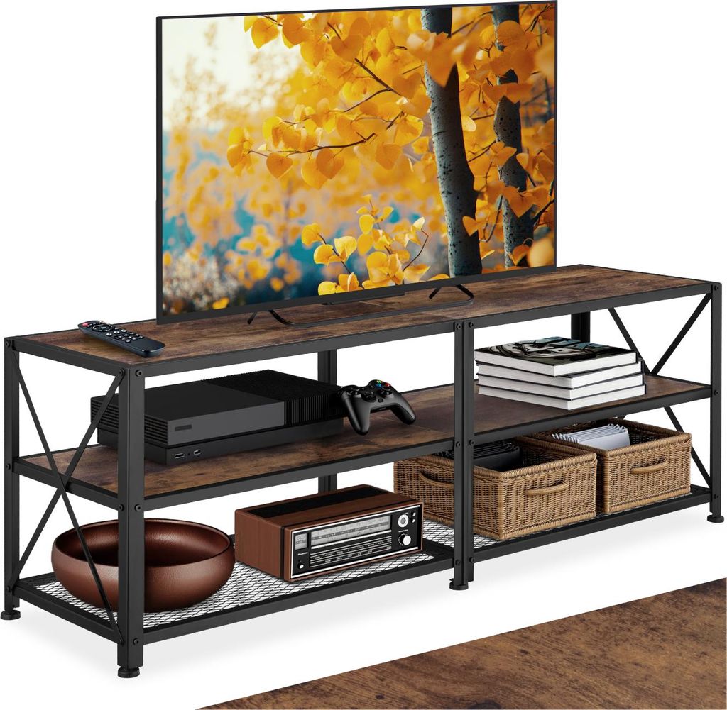A TV stand with a TV and various electronic devices and decorative items.