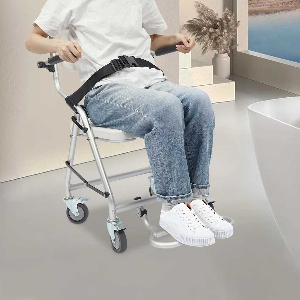Chaise de douche pliable anti-chute avec roulettes - Aluminium 150kg