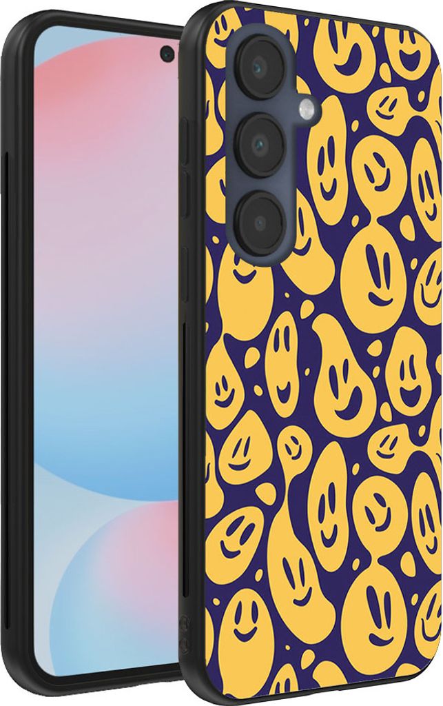 Smartphonica Handytasche Passend für Samsung Galaxy S24 FE mit Smiley Druck - TPU Rückseite Abdeckung Fall Emoji Design - Lila Gelb