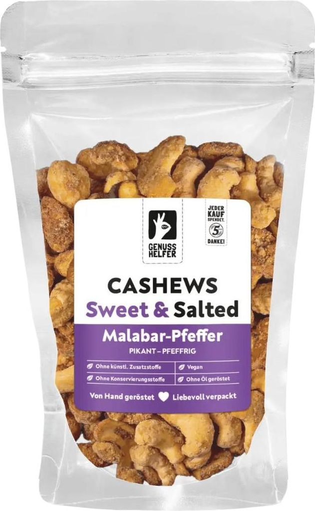 Cashews mit Malabar-Pfeffer, süß & salzig, veganer Knabberspaß, knackig und würzig, 100g
