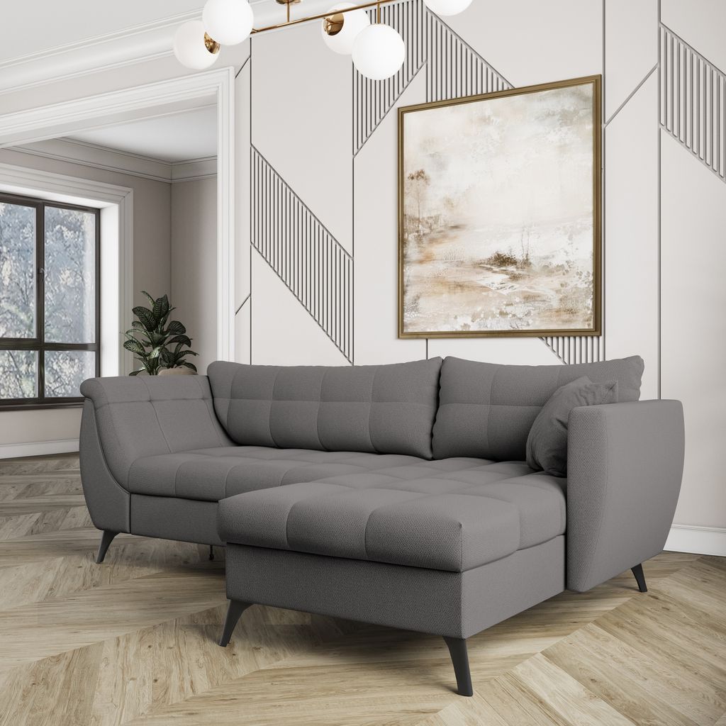 Masseno Ecksofa MOLLIS mit Schlaffunktion L-Form, Sofa mit Bettkasten, Wohnzimmersofa, Couch, Soffa, Bettsofa, Couchgarnitur- Grau, SORO 90