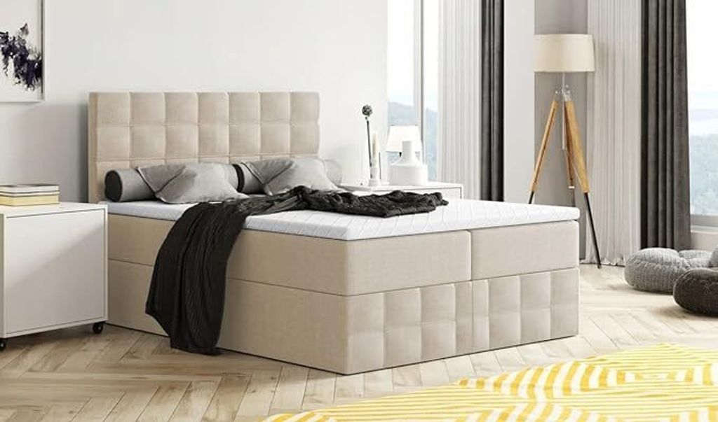 Bett, Boxspringbett MERA PREMIUM mit Bettkästen, VISCO Topper, Doppelbett, Stauraum, Schlafzimmer, Polsterbett, 120x200 cm (Beige - Aura 01)