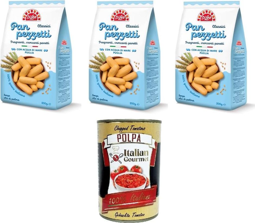 Di Leo Panpezzetti classici con acqua di mare Klassische Panpezzetti mit Meerwasser - 3x200 gr.+ Italian Gourmet Polpa di Pomodoro 400g