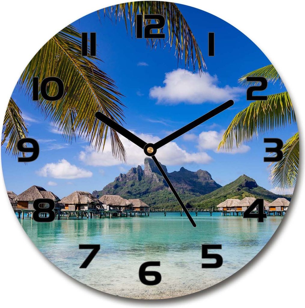 Wanduhr aus Glas 30fi Glasbild Glasuhr Gehärtetes Glas - schwarze-zeiger - Palm trees on Bora Bora