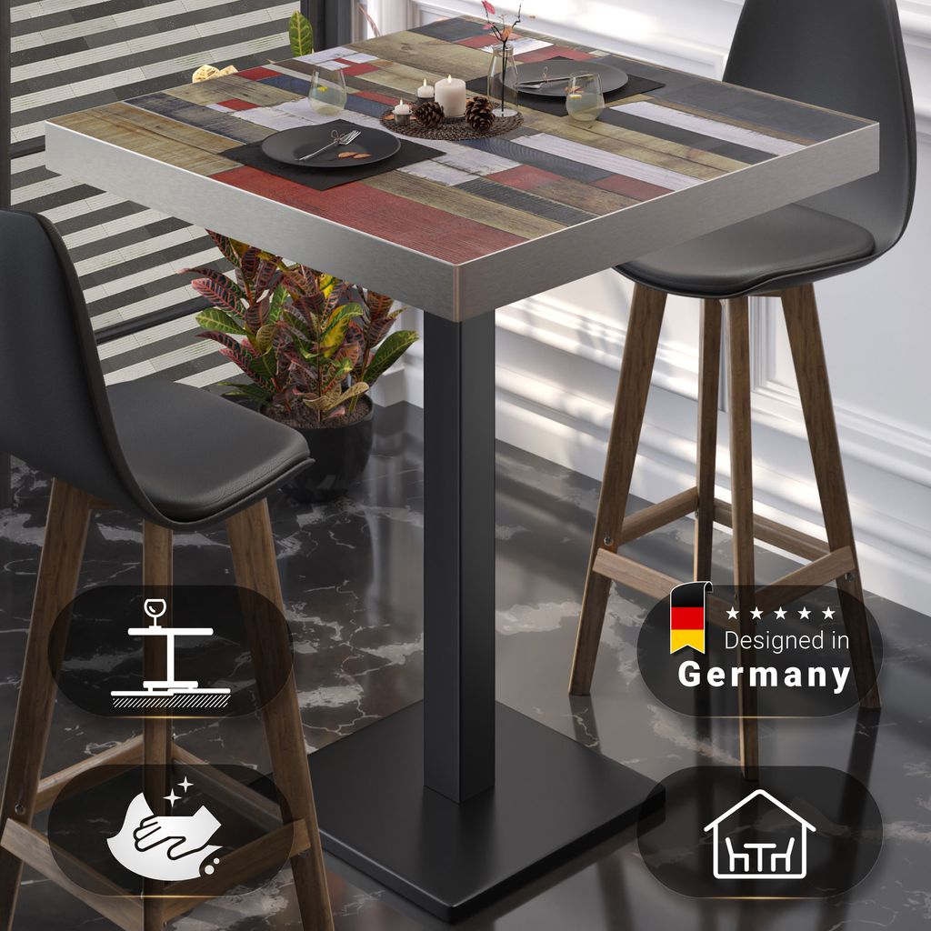 BM | Bistro Stehtisch | 60 x 60 x 110 cm | Quadratisch | Edelstahl Rand | Vintage Bunt / Schwarz | Gastro Steh Tisch Restaurant