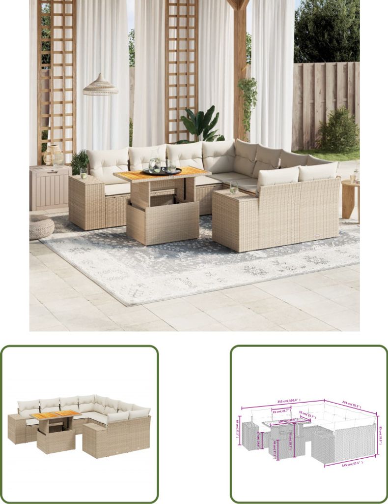 The Living Store 9-tlg. Garten-Sofagarnitur mit Kissen Beige Poly Rattan