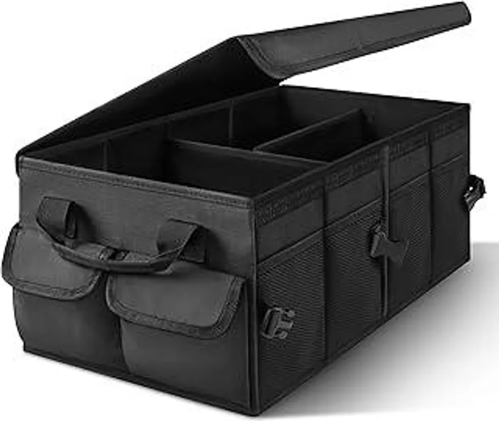 Organizer per bagagliaio, borsa pieghevole per bagagliaio con coperchio, organizer per bagagliaio auto con divisori rimovibili, dotato di base antiscivolo e chiusura in velcro, tasche laterali in rete