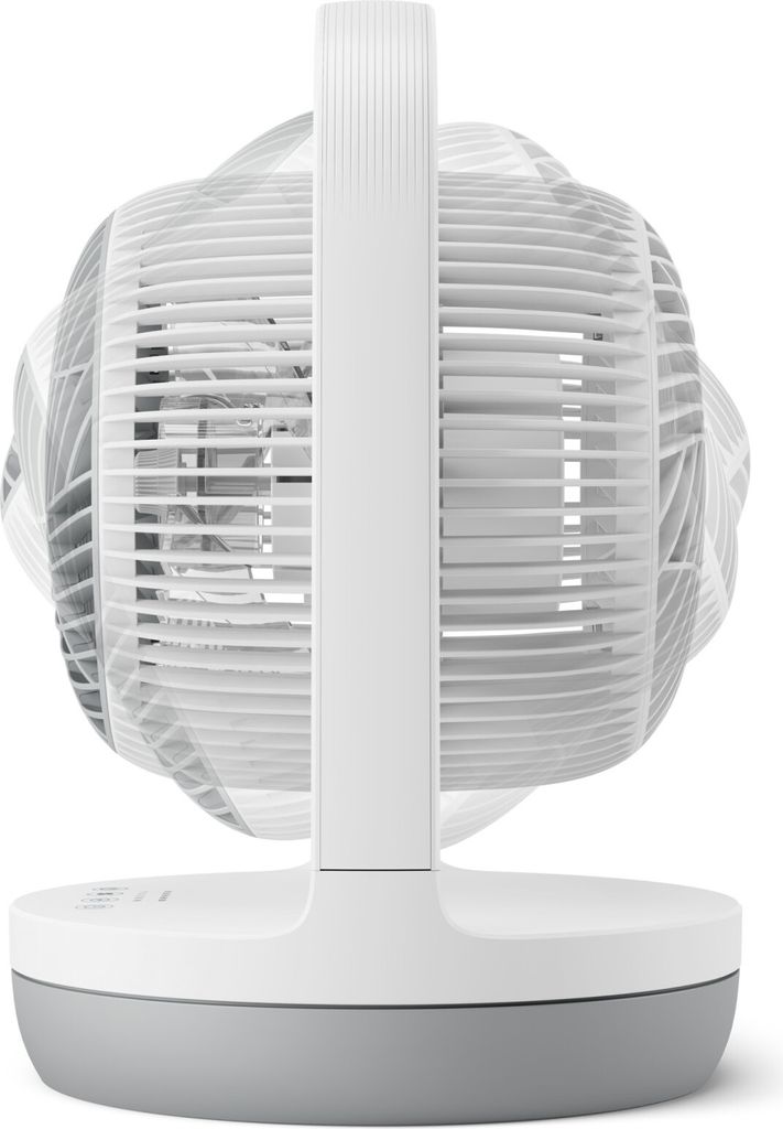 A close-up, side view of a white and gray table fan against a white background.