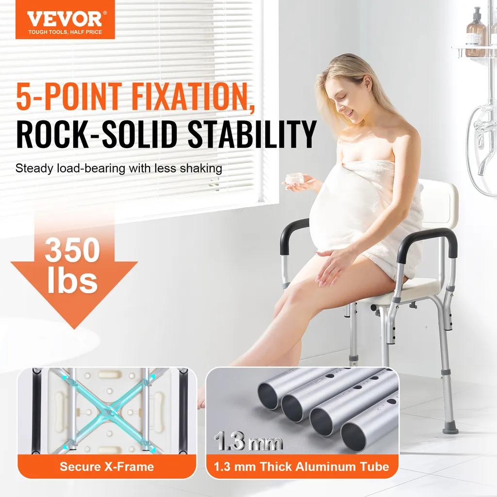 VEVOR sgabello da doccia sedia da doccia 390-520 mm regolabile in altezza, sgabello da bagno sedile da bagno 158,8 kg capacità di carico, stabile sgabello da doccia ausilio da bagno maniglione in lega di alluminio, sedile da doccia bianco - 2