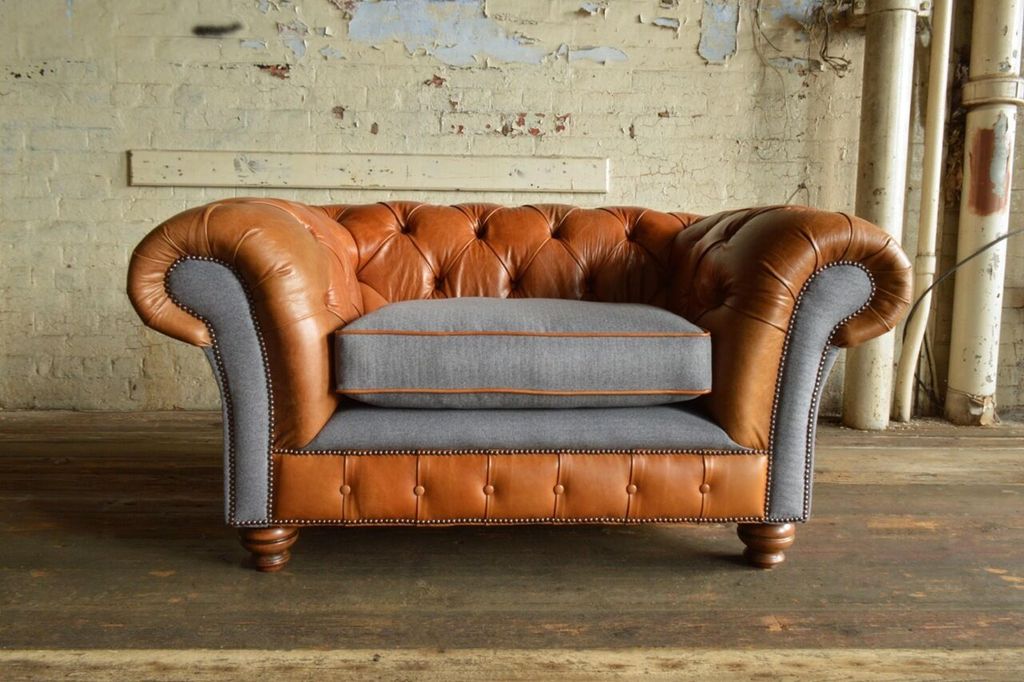 Sessel Polster Möbel Chesterfield Couch Textil Leder Stoff Sofa Einsitzer Braun