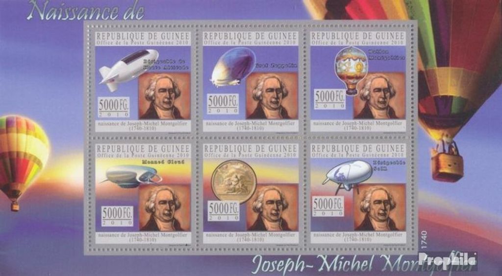 Briefmarken Guinea 2010 Mi 7669-7674 Kleinbogen (kompl. Ausgabe) postfrisch Joseph de Montgolfier (1740-1810)