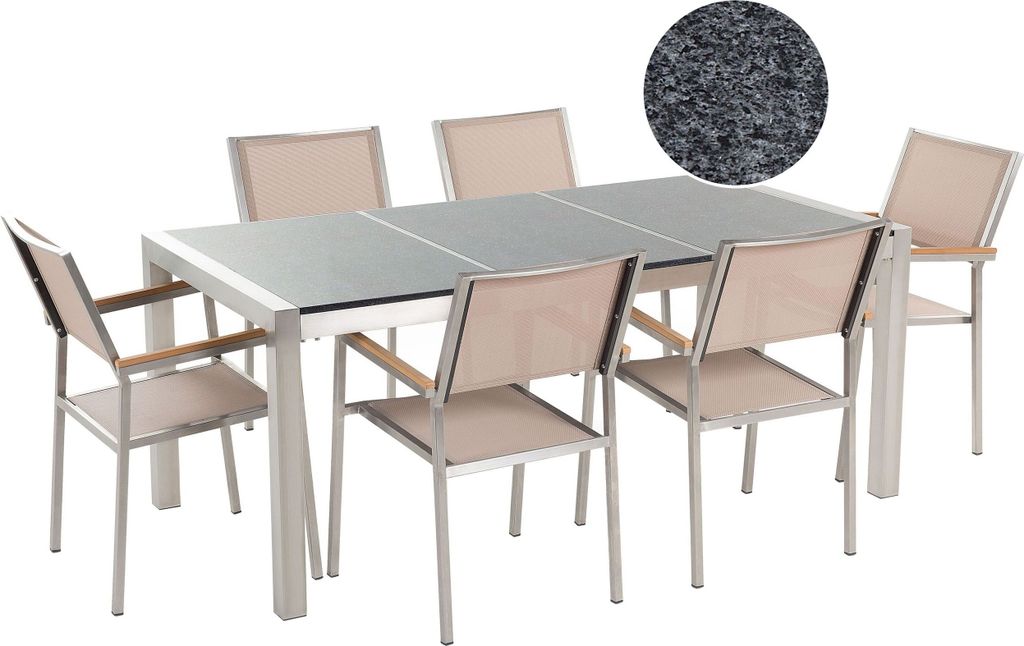BELIANI Gartenmöbel Set Grau Beige Granit Edelstahl Tisch 180 cm Poliert 6 Stühle Terrasse Outdoor Modern