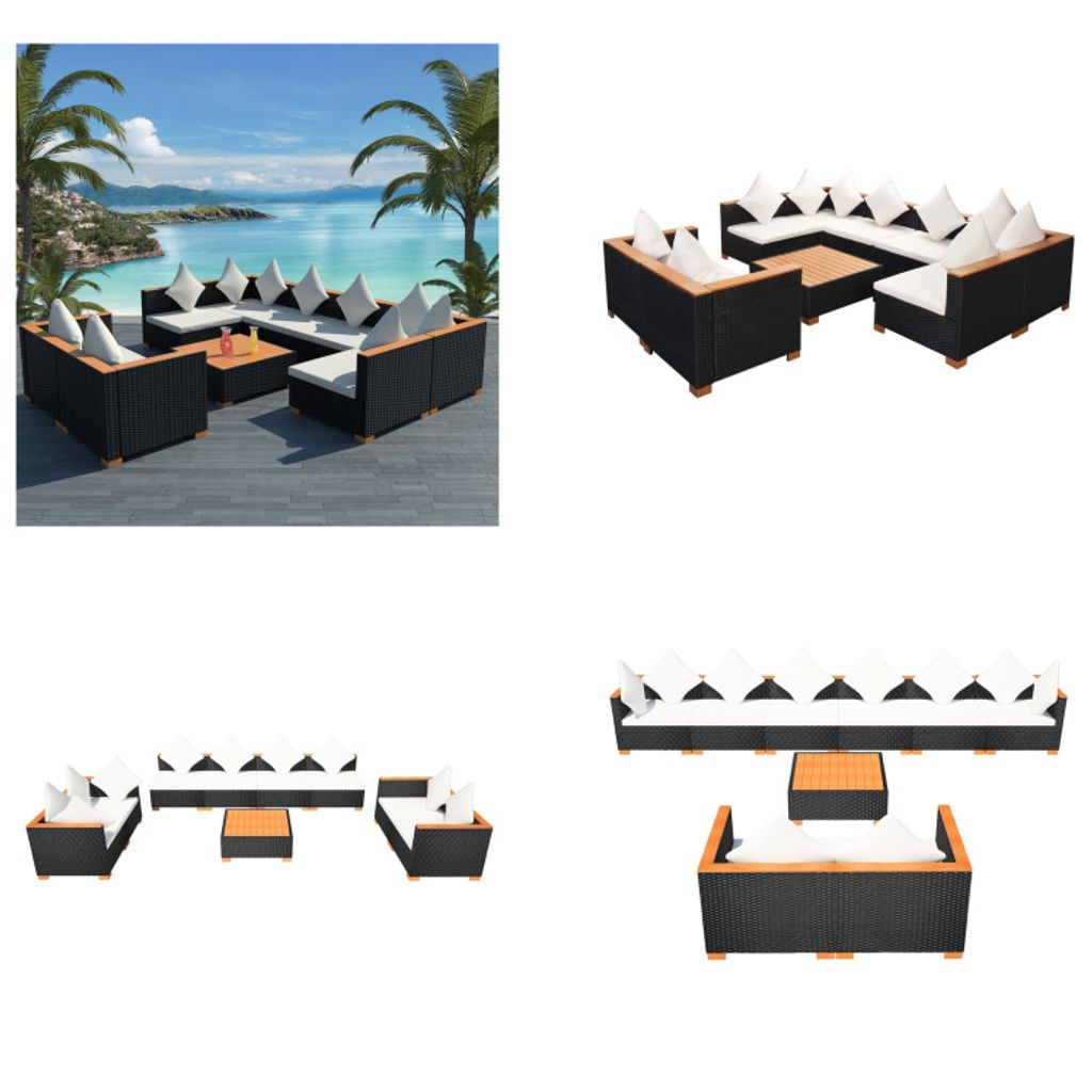 vidaXL 9 tlg. Garten Lounge Set mit Auflagen Poly Rattan Schwarz - Gartenmöbel-Set - Gartenmöbel-Sets - Gartensofa - Gartensofas