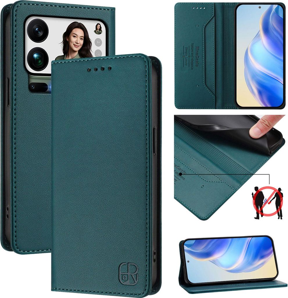 Lederhülle für Xiaomi 17 Pro Max Hülle Flip Brieftasche Kartenfächern Ständer Schutzhülle Dunkelgrün