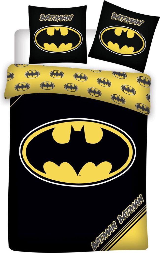 A Batman-themed duvet cover and pillowcase set laid out on a white surface.