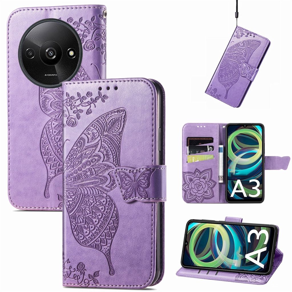 Für Xiaomi Redmi A3 Kunstleder Wallet Handy Tasche Schmetterling Design Hülle Etuis Hell-Lila
