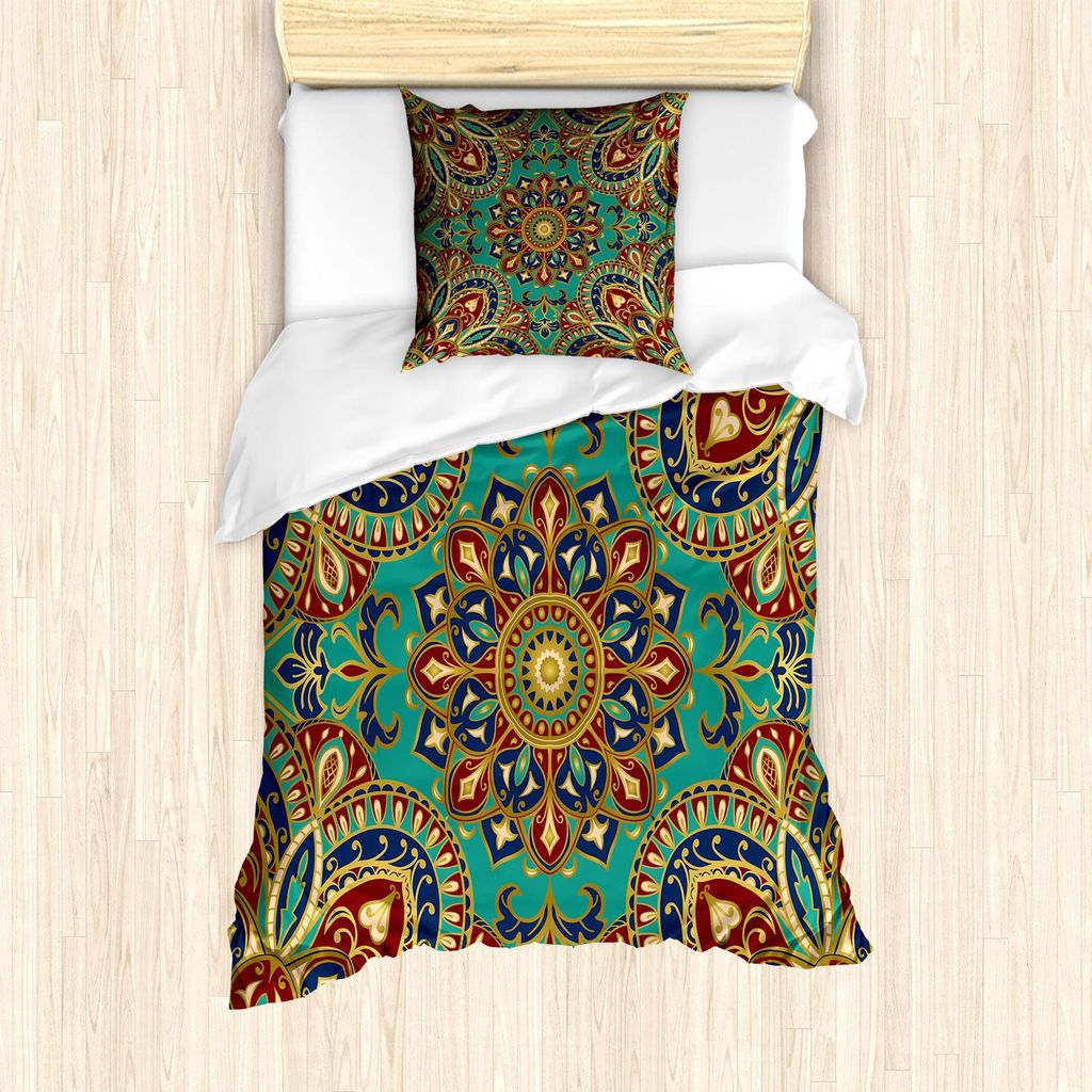 ABAKUHAUS Mandala Bettbezug Set, Muster Mit Mandala Style Östlichen Mittelalterlichen Arabesque Oriental Ethnic, 135 x 200 cm + 80 x 80 cm, Teal I...