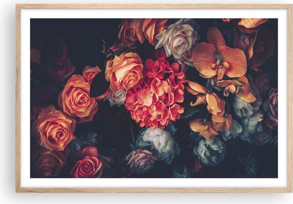 Gerahmtes Poster - Rahmen in heller Eiche - Blumenstrauß Blumen Rosen - 91,5x61 cm - Wand Bild - Wanddeko - Wandbilder - Kunstposter - Wandposter ...