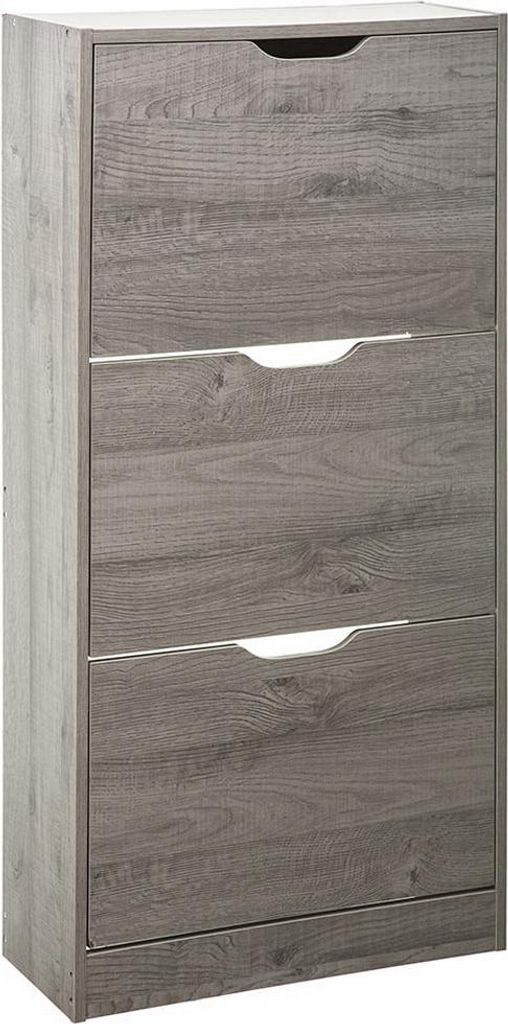 A tall, narrow shoe cabinet with three drawers, shown against a white background.