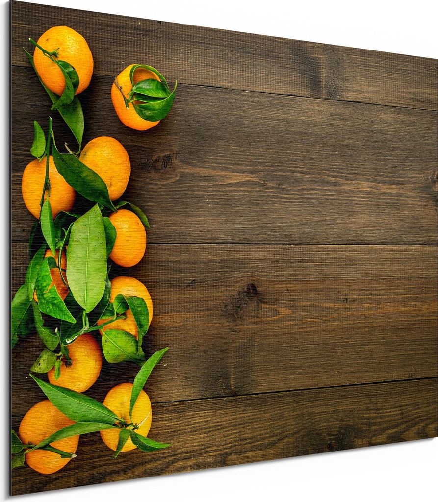DEQORI Alu-Dibond Bild Gold 40x30 cm 'Orangen auf Holzbrettern' Wandbild Metall dünn