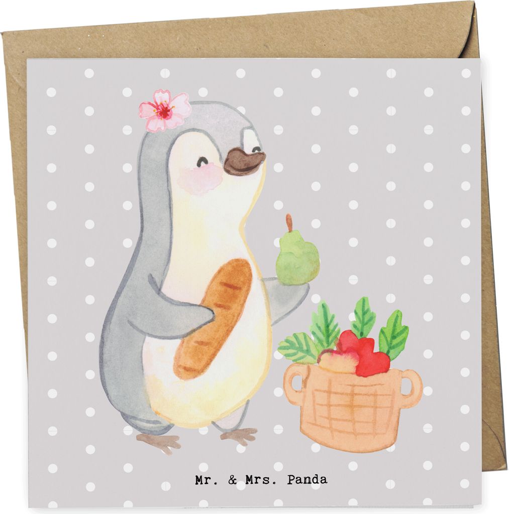 Mr. & Mrs. Panda Grußkarte Obsthändlerin Herz - Grau Pastell - Geschenk, Glückwunschkarte, Obstliebe, anlasskarte, faltkarte, doppelkarte, Klapp...