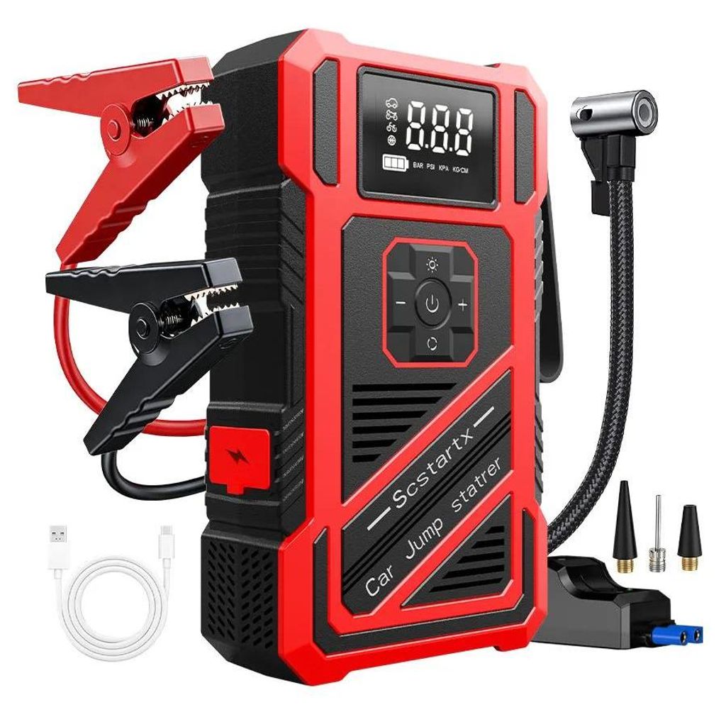 4‐in‐1 Starthilfe fürs Auto - Jump Starter - 150 PSI Luftkompressor - Smart-Inflator - Digitales Display - Powerbank - 14,8 V - Smart Clip