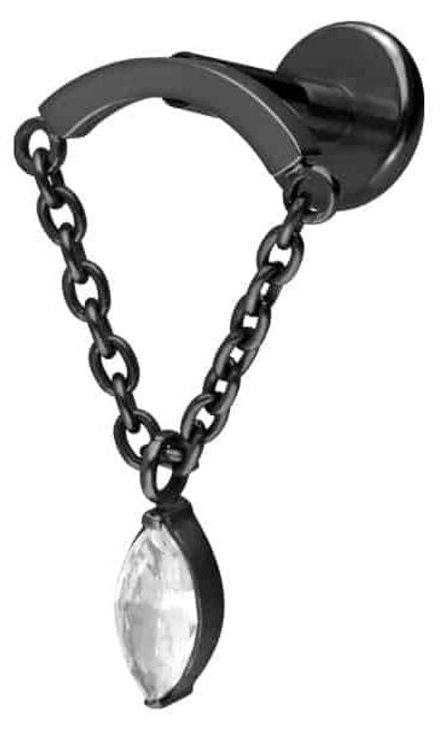 Ohrpiercing, Nasenpiercing Titan Labret mit Innengewinde BOGEN + KETTE + KRISTALLTROPFEN Schwarz Stablänge: 7mm | Stabstärke: 1,6mm | Discgröße...