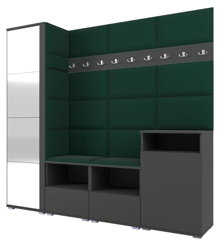 Garderobe NELA X 200 cm Modulare Flurmöbel Graphit mit Spiegel & Sitzpolster Flaschengrün 28 (Schrank + Sideboard)