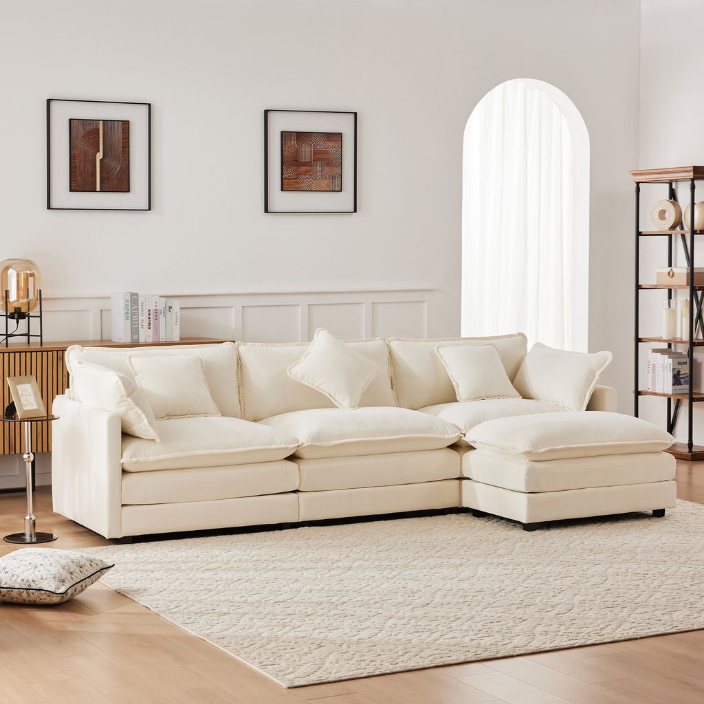 Abrihome L-förmig Ecksofa 3-4 Sitzer Sofa-283x147x84 cm mit Fußhocker und Halbfixiertes Kissen, Chenille, Beige