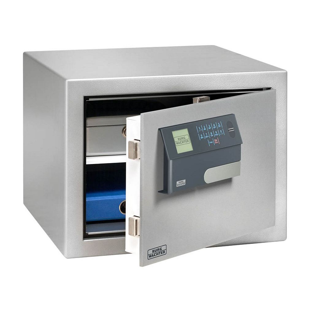 A silver safe with its door open, revealing a blue folder and a gray electronic keypad.
