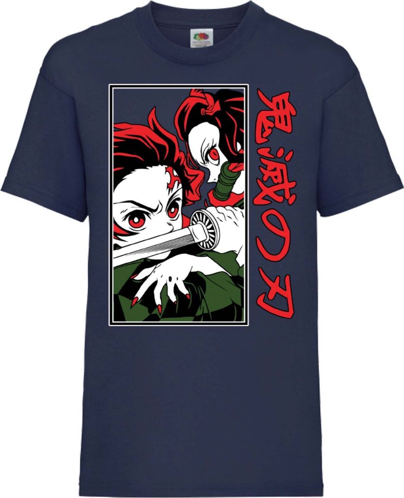 Kinder T-Shirt Demon Anime Slayer Tanjiro Nezuko Fighting Fighting, 12-13 Jahr - 152 / Dunkelblau