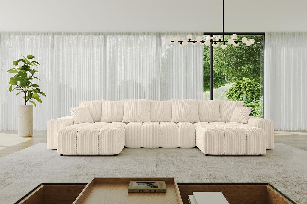 ALTDECOR Ecksofa in U-Form mit Schlaffunktion und Bettkasten ENIL-U 401x189x68 cm Beige - Corner Sofa Bett Eckcouch Couch L-Form Schlafcouch Auszie...