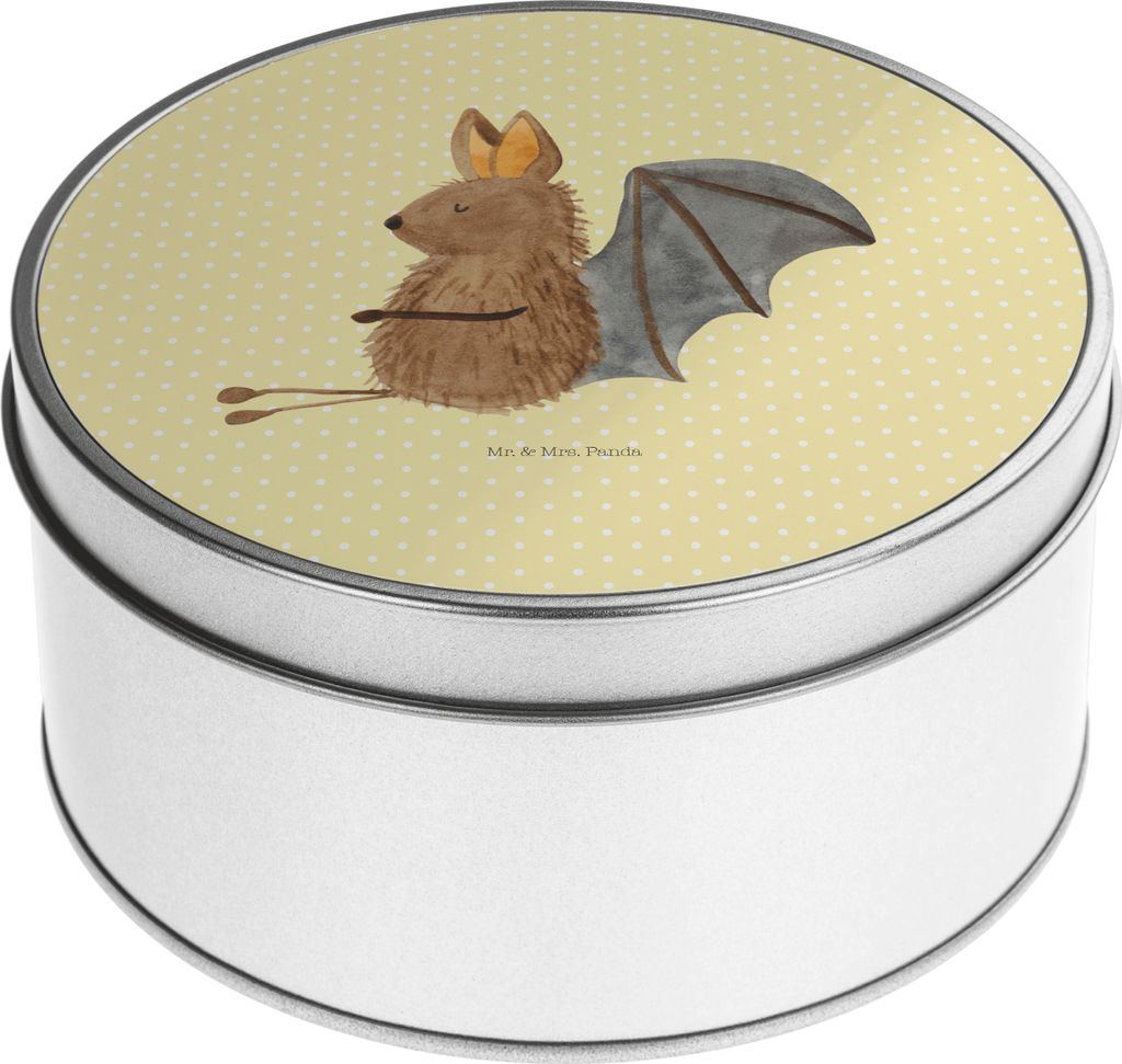 Mr. & Mrs. Panda Blechdose Fledermaus Sitzen - Gelb Pastell - Geschenk, Aufbewahrungsdose, Keksdose, Kaffeedose, Fledermäuse, Gute Laune, Motivati...